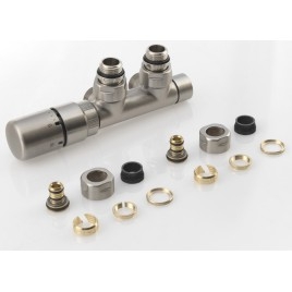 Valve thermostatique en angle TWIN Set, gauche/mêlée. conn./brushed inox steel