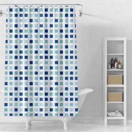 Rideau de douche 180x180cm, vinyle, blanc, dés bleu