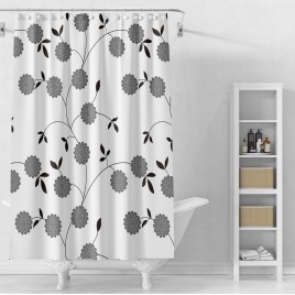 Rideau de douche 180x180cm, vinyle, blanc, fleurs noires
