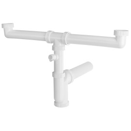 Trap coulé avec branchement de machine à laver Spigot 6/4“, pour double Sinks, DN50, blanc