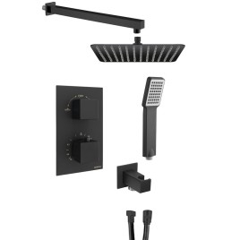 LATUS Set de douche en béton avec robinet de mélangeur thermostatique, boîte d'installation, 2 Outlets, tapis noir