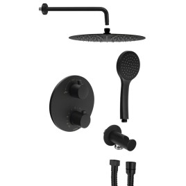 Set de douche en béton avec robinet de mélangeur thermostatique, boîte d'installation, 2 Outlets, tapis noir