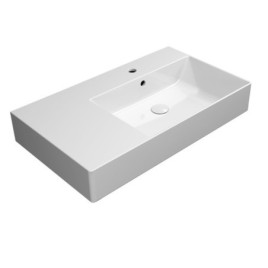 KUBE X lavabo en céramique 80x47cm, étagère gauche, bord de fond groud, blanc ExtraGlaze