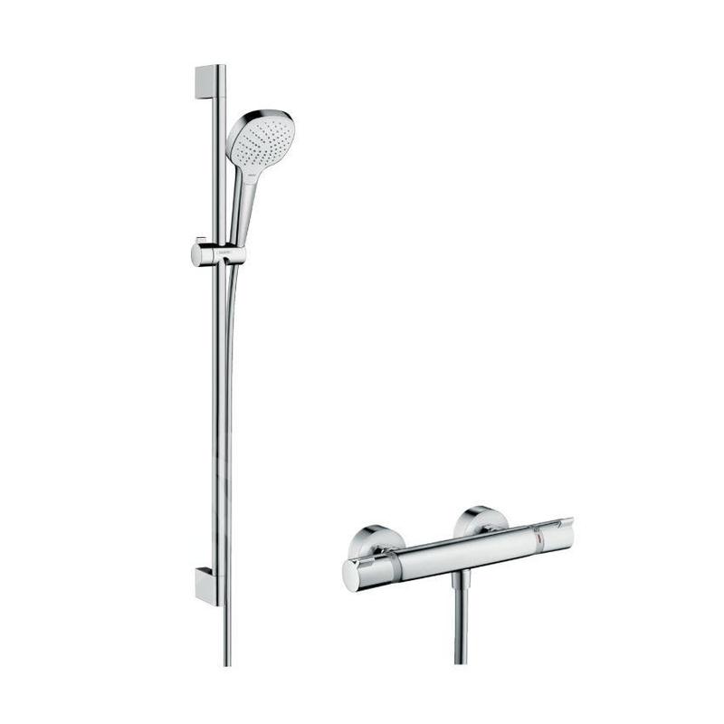 Hansgrohe Croma Select E - Set de douche Vario avec thermostat, 3 jets, barre de douche 900 mm, blanc/ chrome 27082400