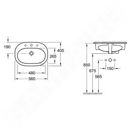 Villeroy & Boch O.novo - Vasque encastrée 560x405 mm, avec trop-plein, avec trou pour robinetterie, blanc alpin 41615601
