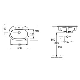 Villeroy & Boch O.novo - Vasque encastrée 560x405 mm, avec trop-plein, avec trou pour robinetterie, CeramicPlus, blanc alpin