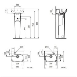 Ideal Standard i.Life A - Lave-mains 350x300 mm, avec trop-plein, trou pour robinetterie à droite, blanc T471001