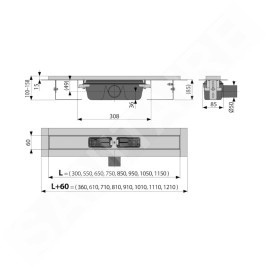 Alcadrain Douchegoten - Caniveau de douche 650 mm, avec rebord pour grille perforée, acier inoxydable APZ1-650