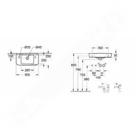 Villeroy & Boch O.novo - Lave-mains Compact 500x250 mm, avec trop-plein, avec 1 trou de robinetterie à gauche, blanc alpin
