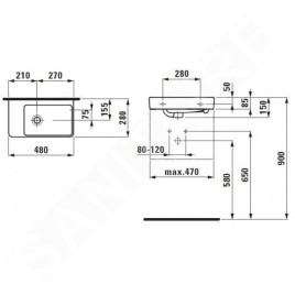 Laufen Pro S - Lave-mains 480x280 mm, sans trou pour robinetterie, blanc H8159550001091