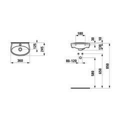 Laufen Traisen - Lave-main 360x245 cm, avec trop-plein, trou pour robinetterie , blanc H8119320000001