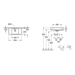 Villeroy & Boch O.novo - Lave-mains Compact, 500x250 mm, avec trop-plein, sans trou de robinetterie, blanc alpin 43425201
