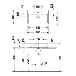 Duravit Vero Air - Meuble lavabo 600x400 mm, sans trop-plein, avec 1 trou pour robinetterie, blanc 2368600071