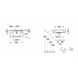 Villeroy & Boch O.novo - Lave-mains Compact 500x250 mm, avec trop-plein, trou pour robinet à droite, AntiBac, CeramicPlus,