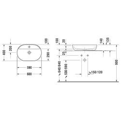 Duravit Luv - Vasque, 600x400 mm, sans trop-plein, avec trou pour robinetterie, WonderGliss, blanc / gris satin mat 03806023001
