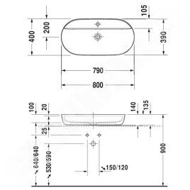 Duravit Luv - Vasque, 800x400 mm, sans trop-plein, avec trou pour robinetterie, WonderGliss, blanc / gris satin mat 03808023001
