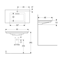 Geberit ONE - Meuble-lavabo 900x480x130 mm, trop-plein caché, avec trou pour robinetterie, sortie horizontale, KeraTect, blanc