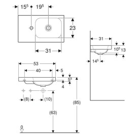 Geberit iCon - Lave-mains 530x310x130 mm, sans trop-plein, trou pour robinetterie à gauche, blanc 501.833.00.1
